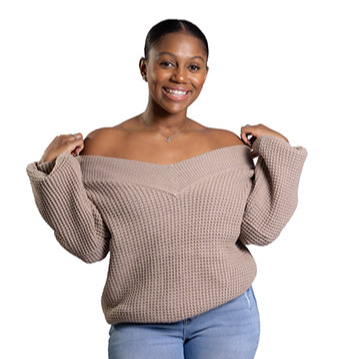 Balloon Sleeve V-Neck Waffle Sweater