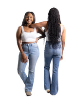 Mid-Rise Distressed Flared Denim