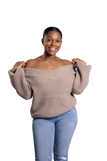 Balloon Sleeve V-Neck Waffle Sweater