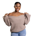 Balloon Sleeve V-Neck Waffle Sweater